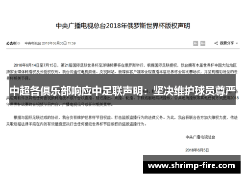 中超各俱乐部响应中足联声明：坚决维护球员尊严